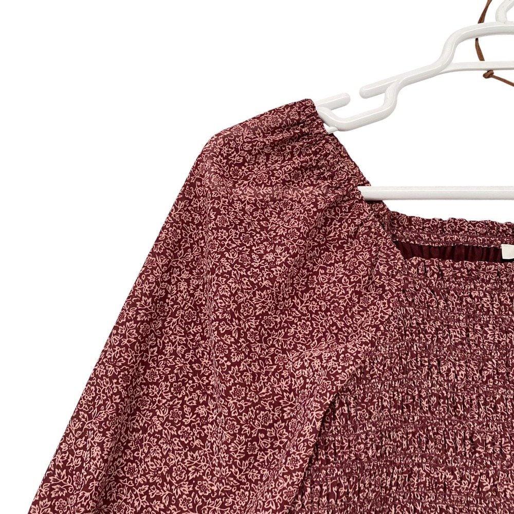 Madewell Burgundy Floral Smocked Square Neck Puff Sleeve Top Womens Medium M - Picture 6 of 8